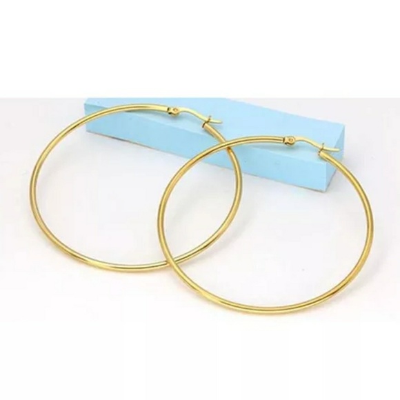 NEW Yellow Gold Tone 2" Round Circle Hoop Earrings - Picture 6 of 7